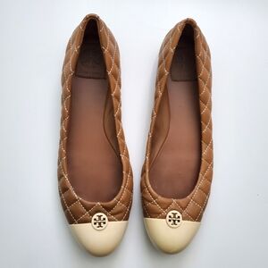 Tory Burch Tan Quilted Leather Ballet Flats with Cream Cap Toe